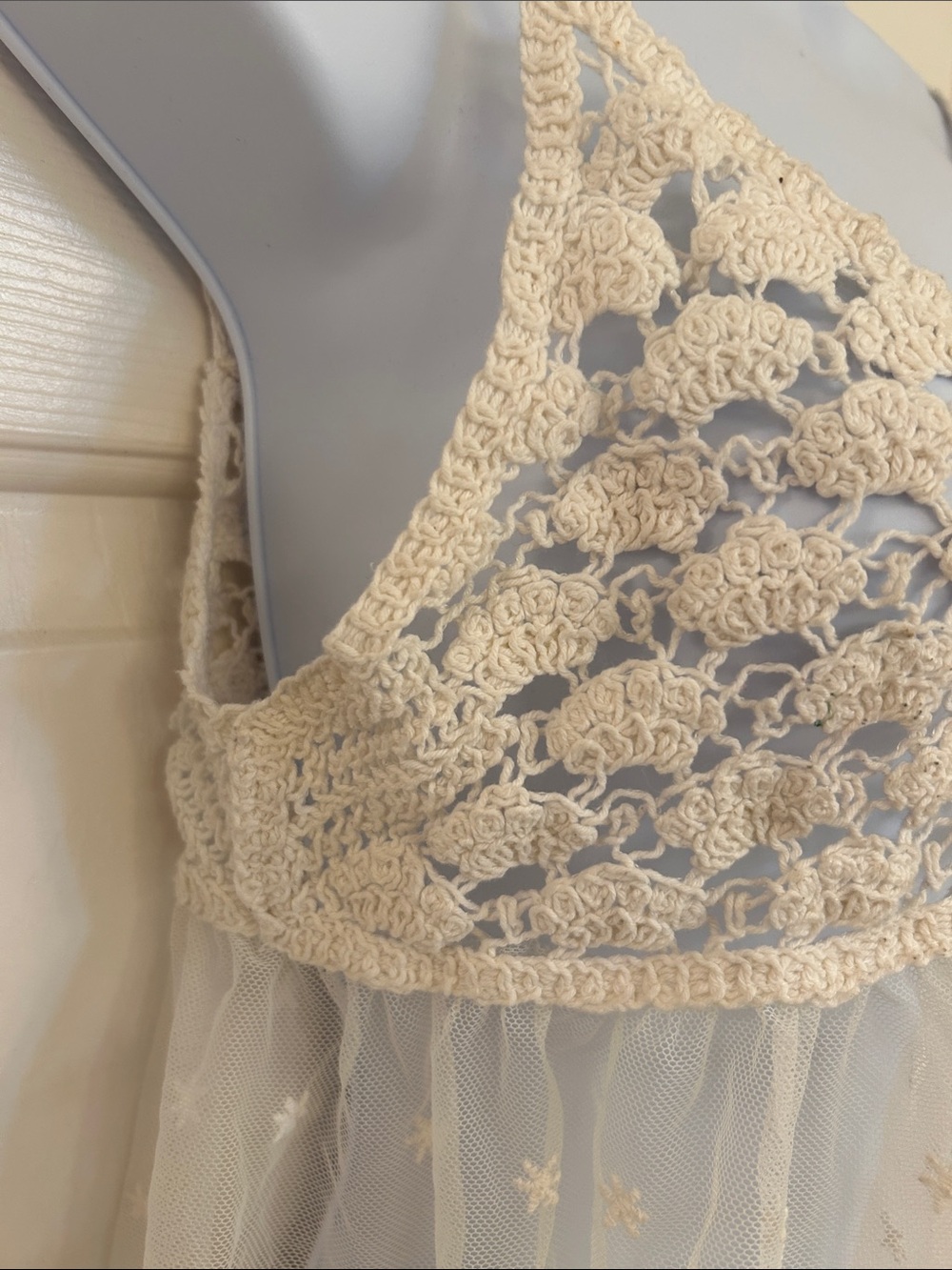 Boho Chic Crochet Knit & Embroidered Star Mesh Babydoll Cami Top Cream/Ivory SM - Picture 8 of 11